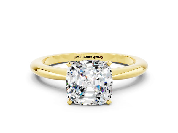 Yellow gold Cushion Cut Moissanite Solitaire Ring with Six-Prong Setting and Classic Band