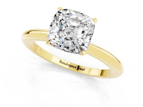 Yellow gold Cushion Cut Moissanite Solitaire Ring with Six-Prong Setting and Classic Band_1