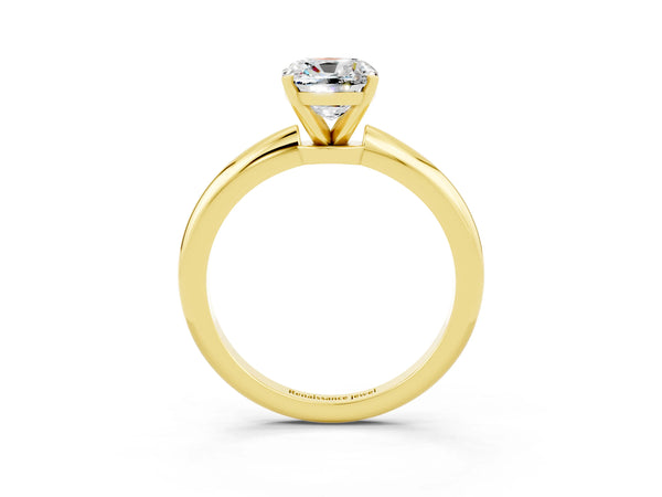 Yellow gold Cushion Cut Moissanite Solitaire Ring with Six-Prong Setting and Classic Band