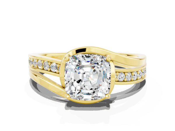 Yellow gold Cushion Cut Moissanite Solitaire Ring with Split Shank and Prong Setting