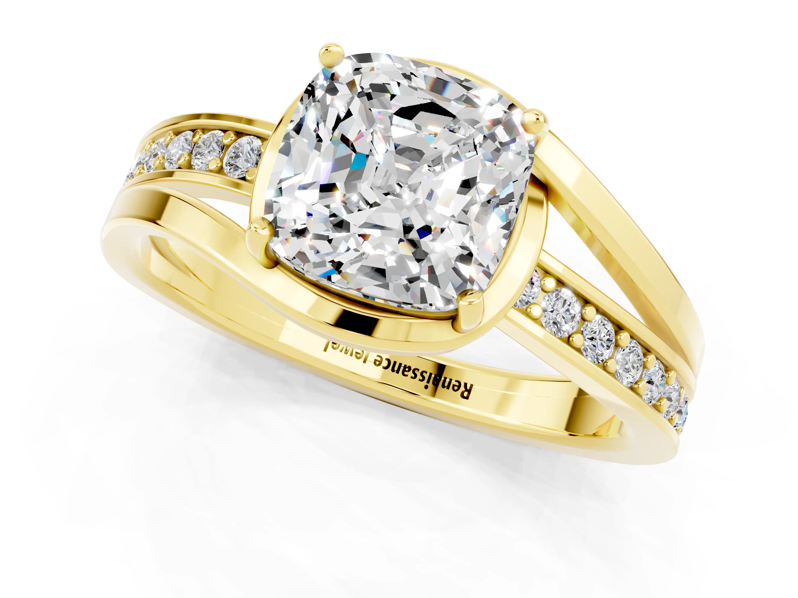 Yellow gold Cushion Cut Moissanite Solitaire Ring with Split Shank and Prong Setting_1