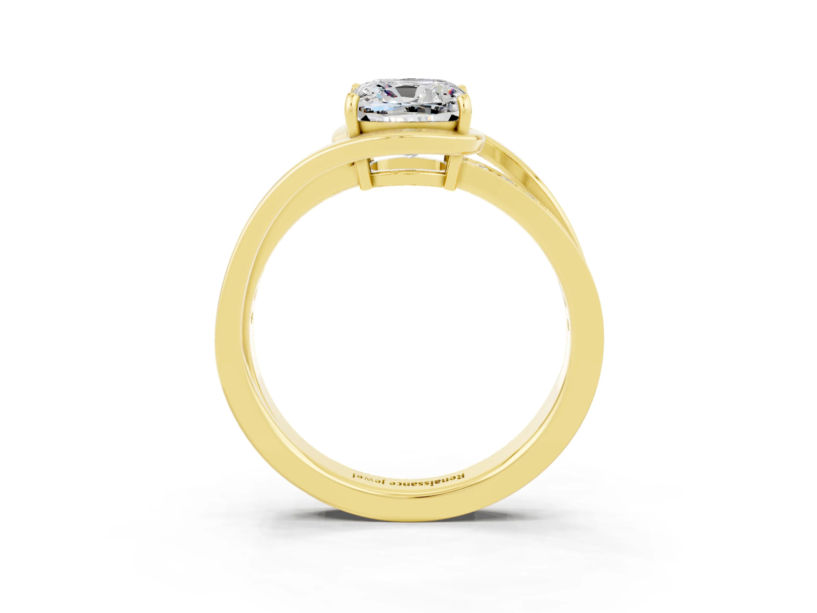 Yellow gold Cushion Cut Moissanite Solitaire Ring with Split Shank and Prong Setting_3