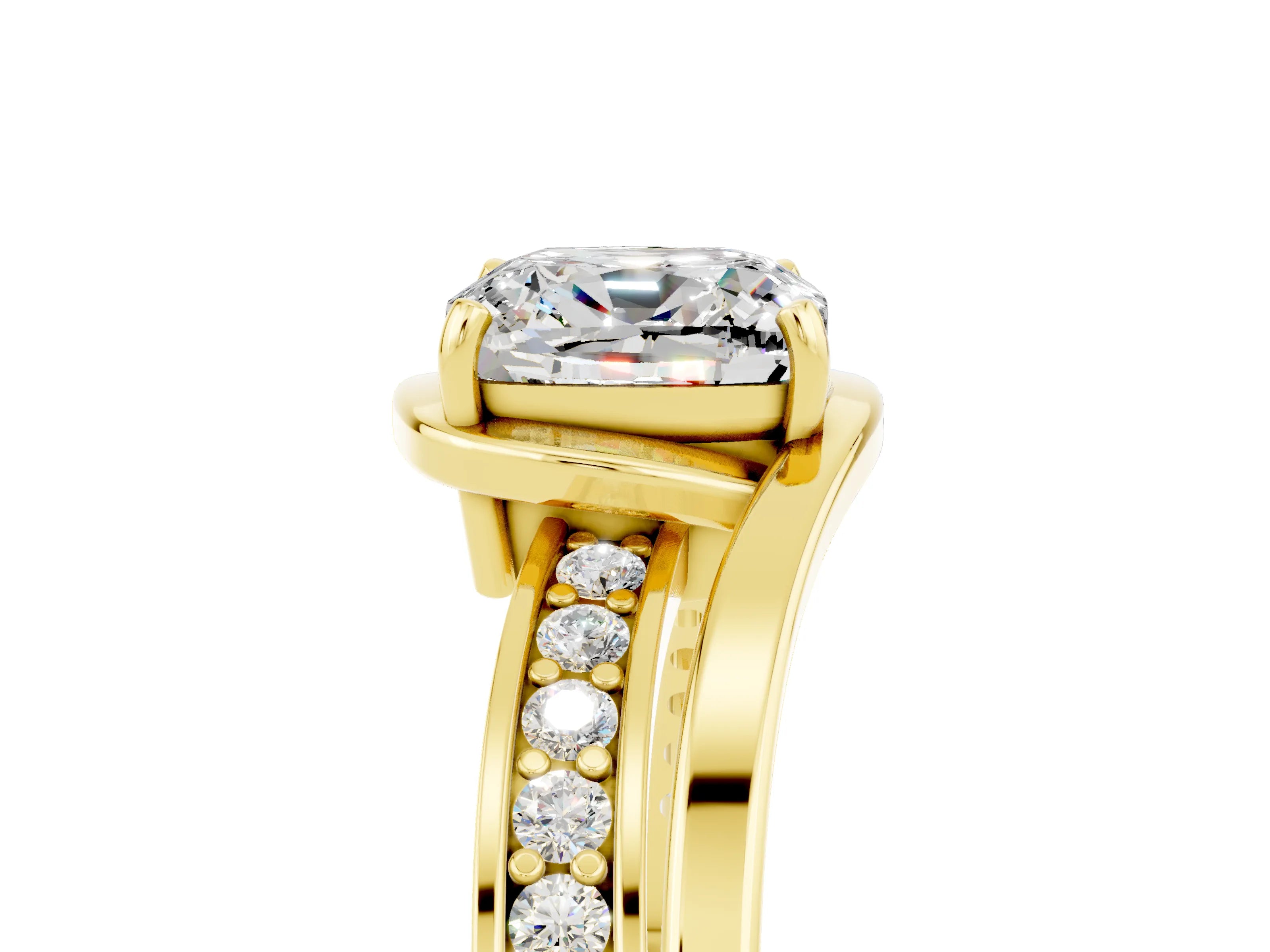 Yellow gold Cushion Cut Moissanite Solitaire Ring with Split Shank and Prong Setting_5