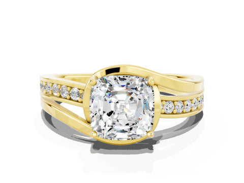 Yellow gold Cushion Cut Moissanite Solitaire Ring with Split Shank and Prong Setting