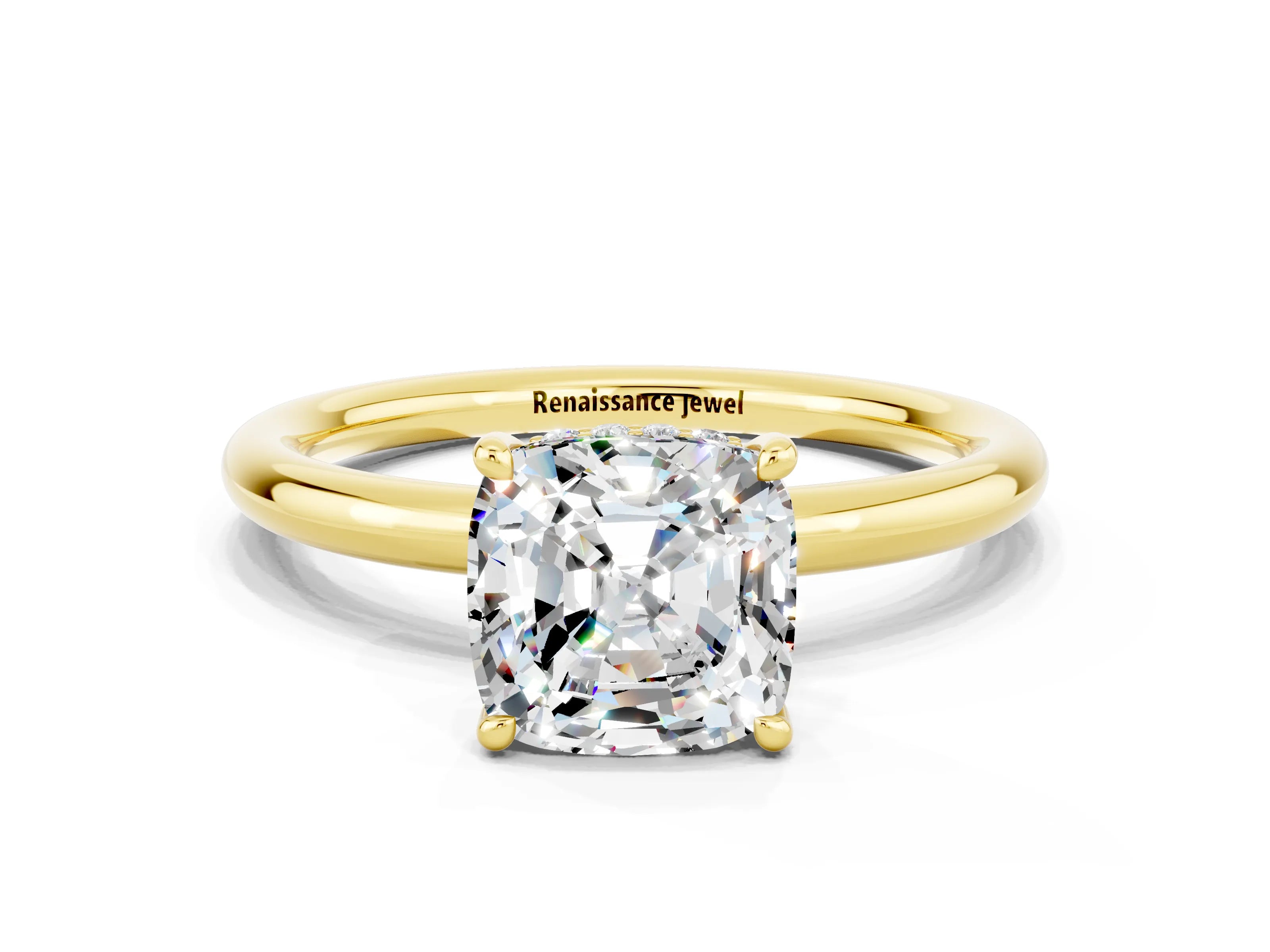 Yellow gold Cushion Cut Moissanite Solitaire Ring with Thin Band and Four-Prong Setting