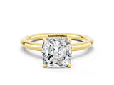 Yellow gold Cushion Cut Moissanite Solitaire Ring with Thin Band and Four-Prong Setting