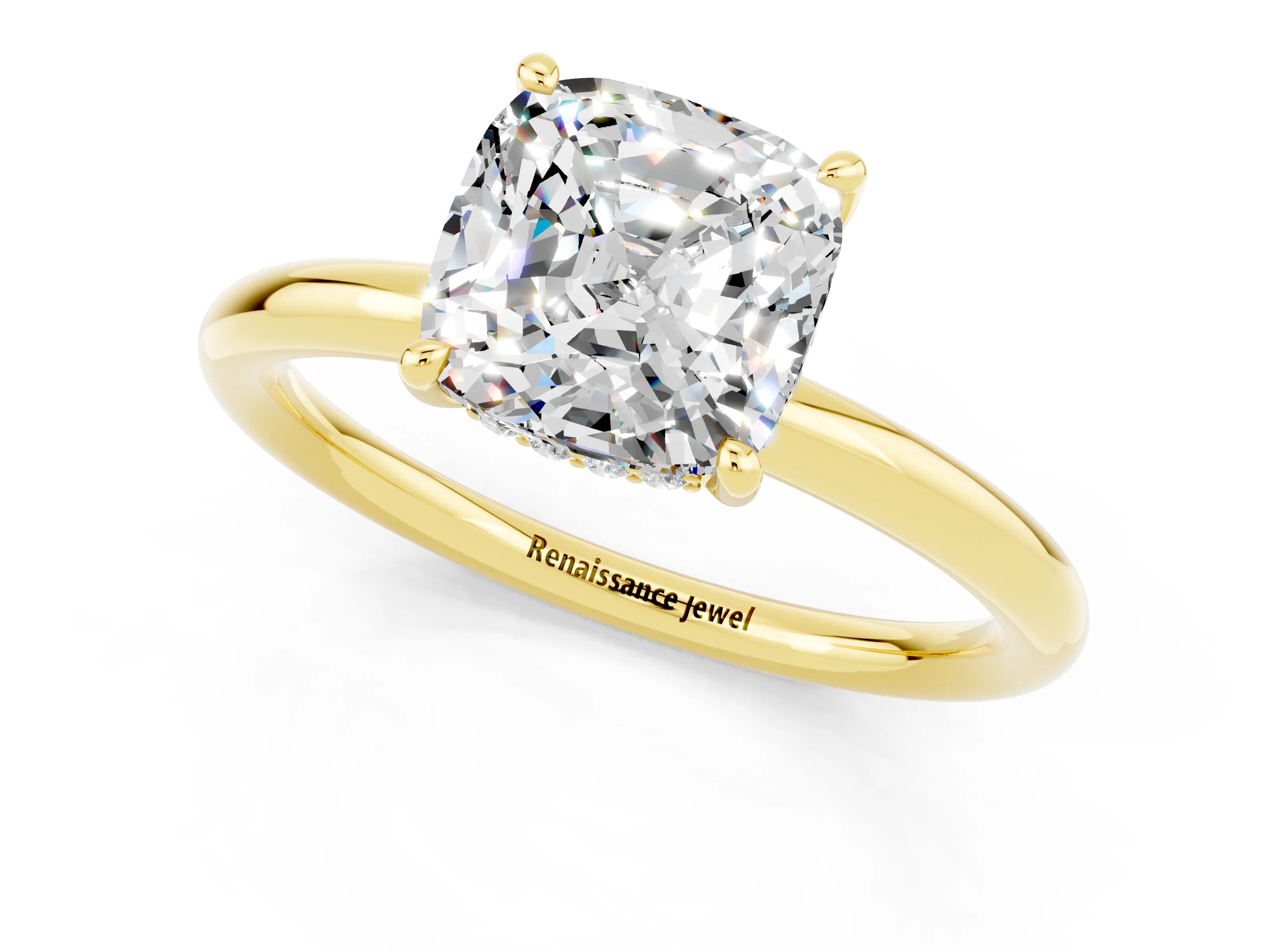 Yellow gold Cushion Cut Moissanite Solitaire Ring with Thin Band and Four-Prong Setting_1