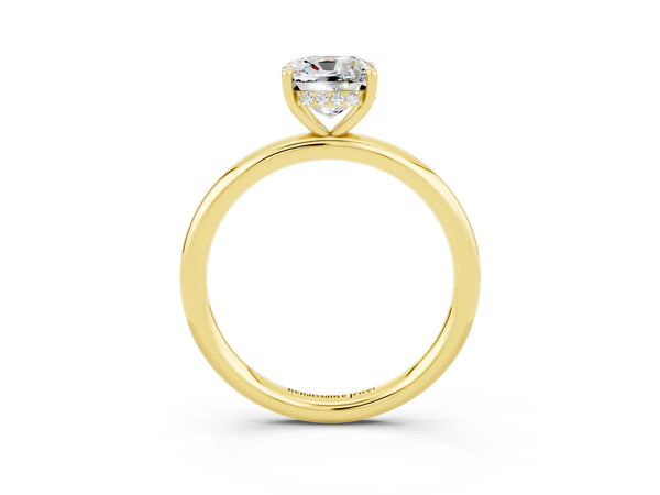 Yellow gold Cushion Cut Moissanite Solitaire Ring with Thin Band and Four-Prong Setting