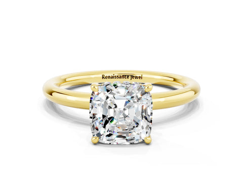 Yellow gold Cushion Cut Moissanite Solitaire Ring with Thin Band and Four-Prong Setting