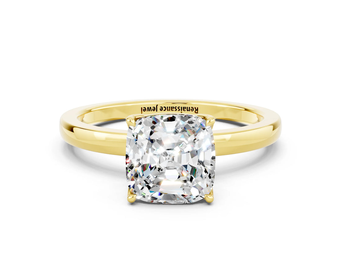 Yellow gold Cushion Cut Moissanite Solitaire Ring with Thin Band and Prong Setting_12