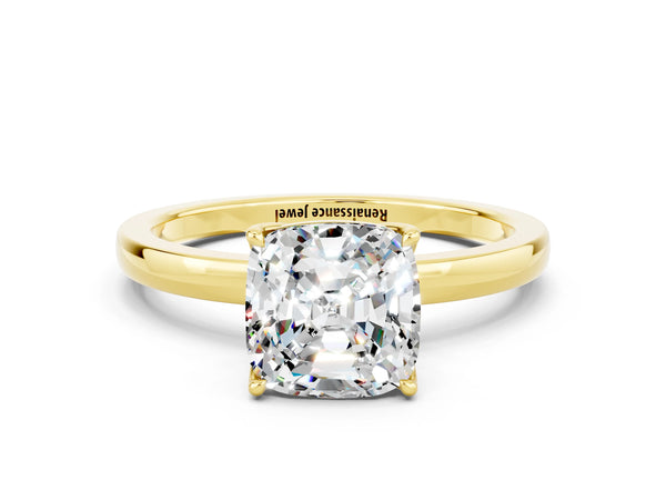 Yellow gold Cushion Cut Moissanite Solitaire Ring with Thin Band and Prong Setting