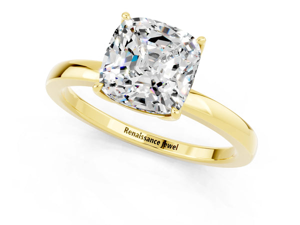 Yellow gold Cushion Cut Moissanite Solitaire Ring with Thin Band and Prong Setting