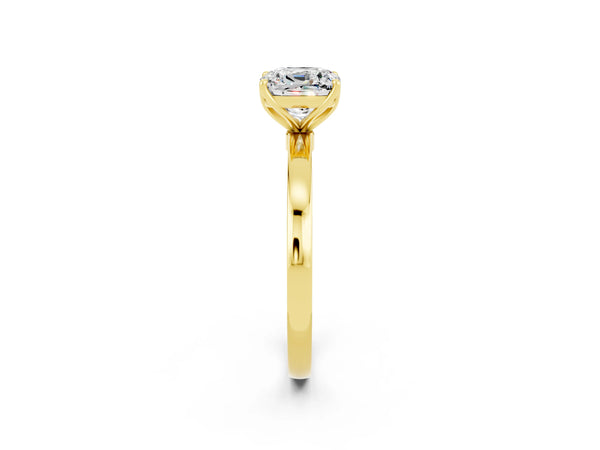 Yellow gold Cushion Cut Moissanite Solitaire Ring with Thin Band and Prong Setting