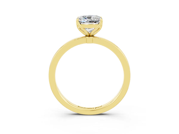 Yellow gold Cushion Cut Moissanite Solitaire Ring with Thin Band and Prong Setting