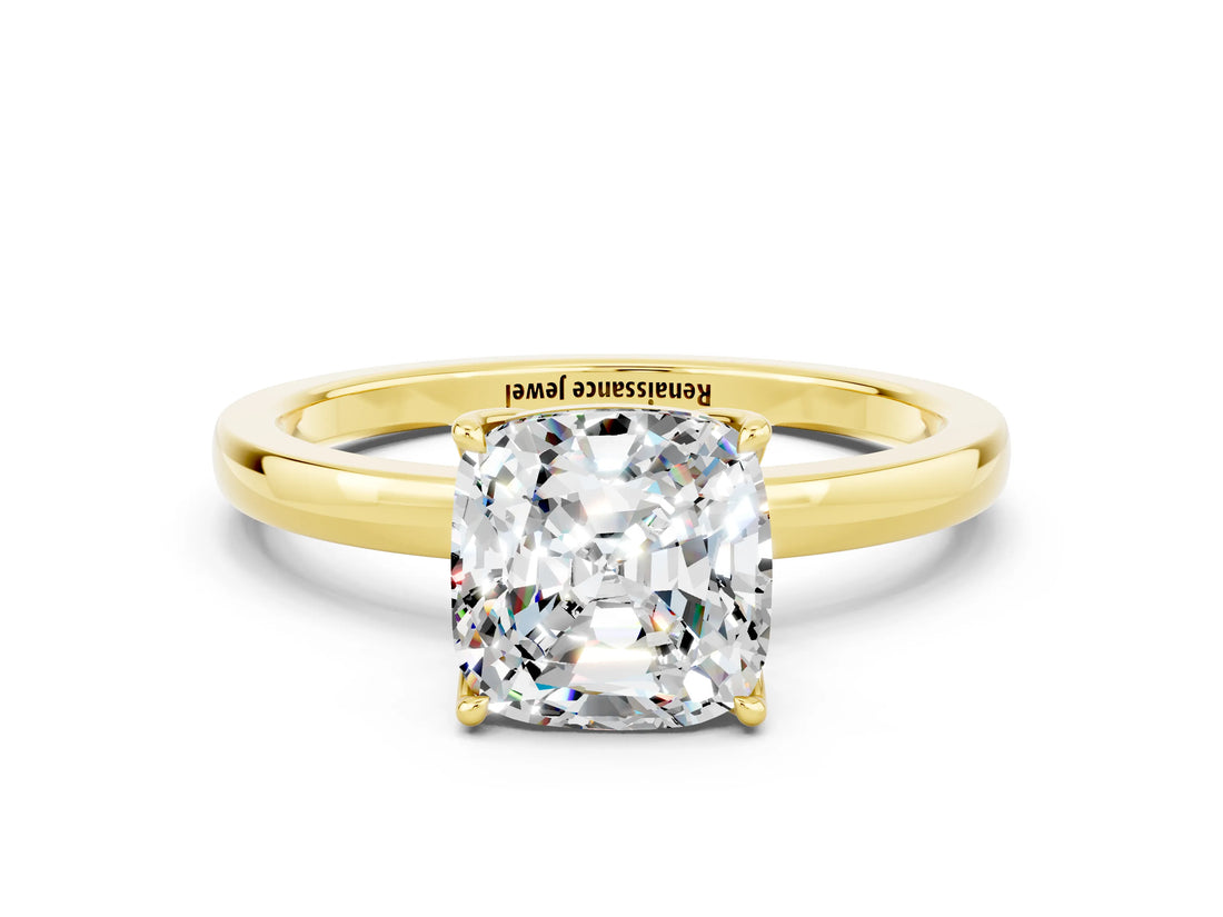 Yellow gold Cushion Cut Moissanite Solitaire Ring with Thin Band and Prong Setting_24