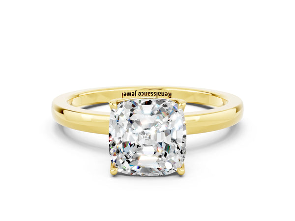 Yellow gold Cushion Cut Moissanite Solitaire Ring with Thin Band and Prong Setting