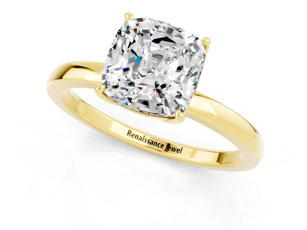 Yellow gold Cushion Cut Moissanite Solitaire Ring with Thin Band and Prong Setting