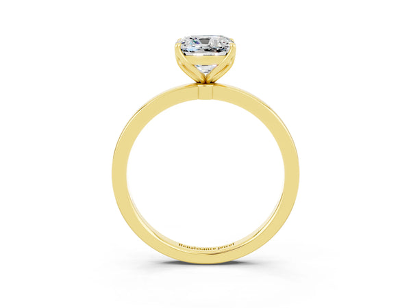 Yellow gold Cushion Cut Moissanite Solitaire Ring with Thin Band and Prong Setting