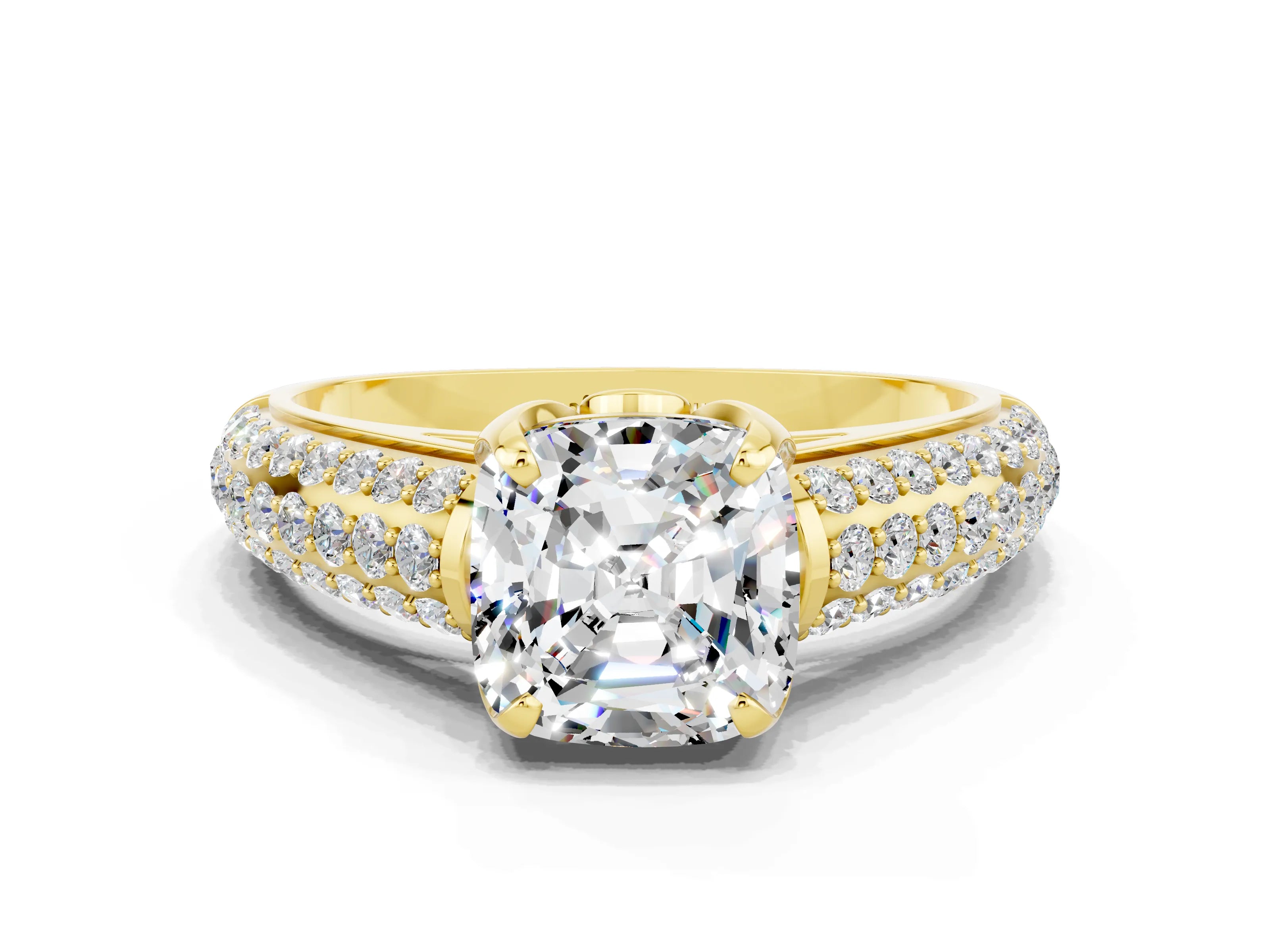 Yellow gold Cushion Cut Moissanite Solitaire Ring with Three-Row Pavé Band and Four-Prong Setting_12