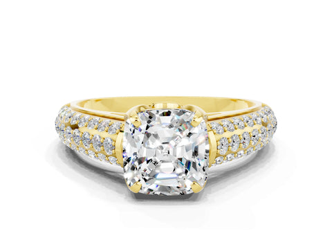 Yellow gold Cushion Cut Moissanite Solitaire Ring with Three-Row Pavé Band and Four-Prong Setting_12