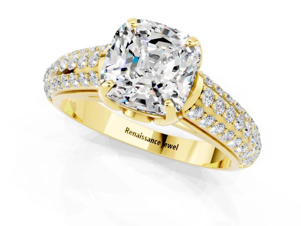Yellow gold Cushion Cut Moissanite Solitaire Ring with Three-Row Pavé Band and Four-Prong Setting