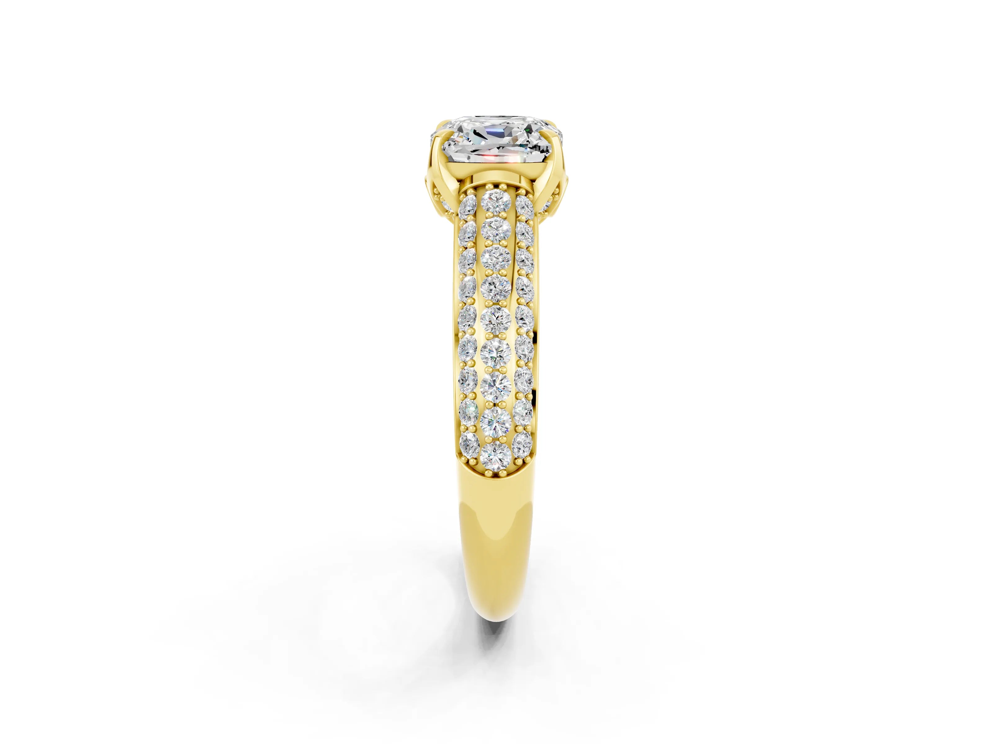 Yellow gold Cushion Cut Moissanite Solitaire Ring with Three-Row Pavé Band and Four-Prong Setting_14