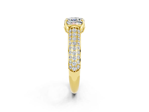 Yellow gold Cushion Cut Moissanite Solitaire Ring with Three-Row Pavé Band and Four-Prong Setting
