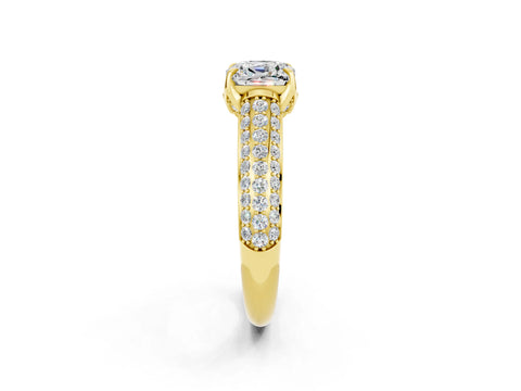 Yellow gold Cushion Cut Moissanite Solitaire Ring with Three-Row Pavé Band and Four-Prong Setting_14