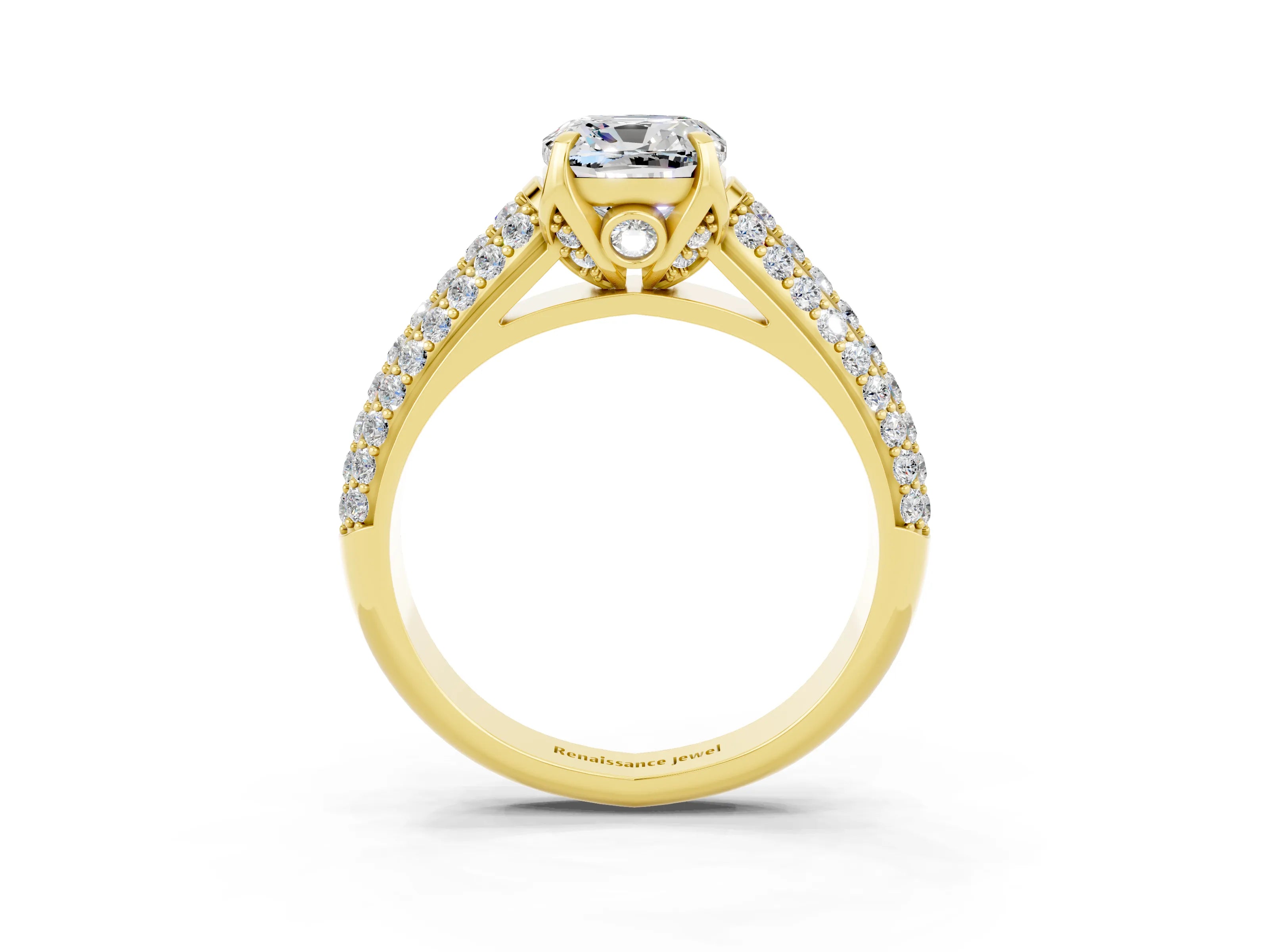 Yellow gold Cushion Cut Moissanite Solitaire Ring with Three-Row Pavé Band and Four-Prong Setting_15
