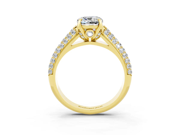 Yellow gold Cushion Cut Moissanite Solitaire Ring with Three-Row Pavé Band and Four-Prong Setting