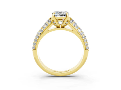 Yellow gold Cushion Cut Moissanite Solitaire Ring with Three-Row Pavé Band and Four-Prong Setting_15