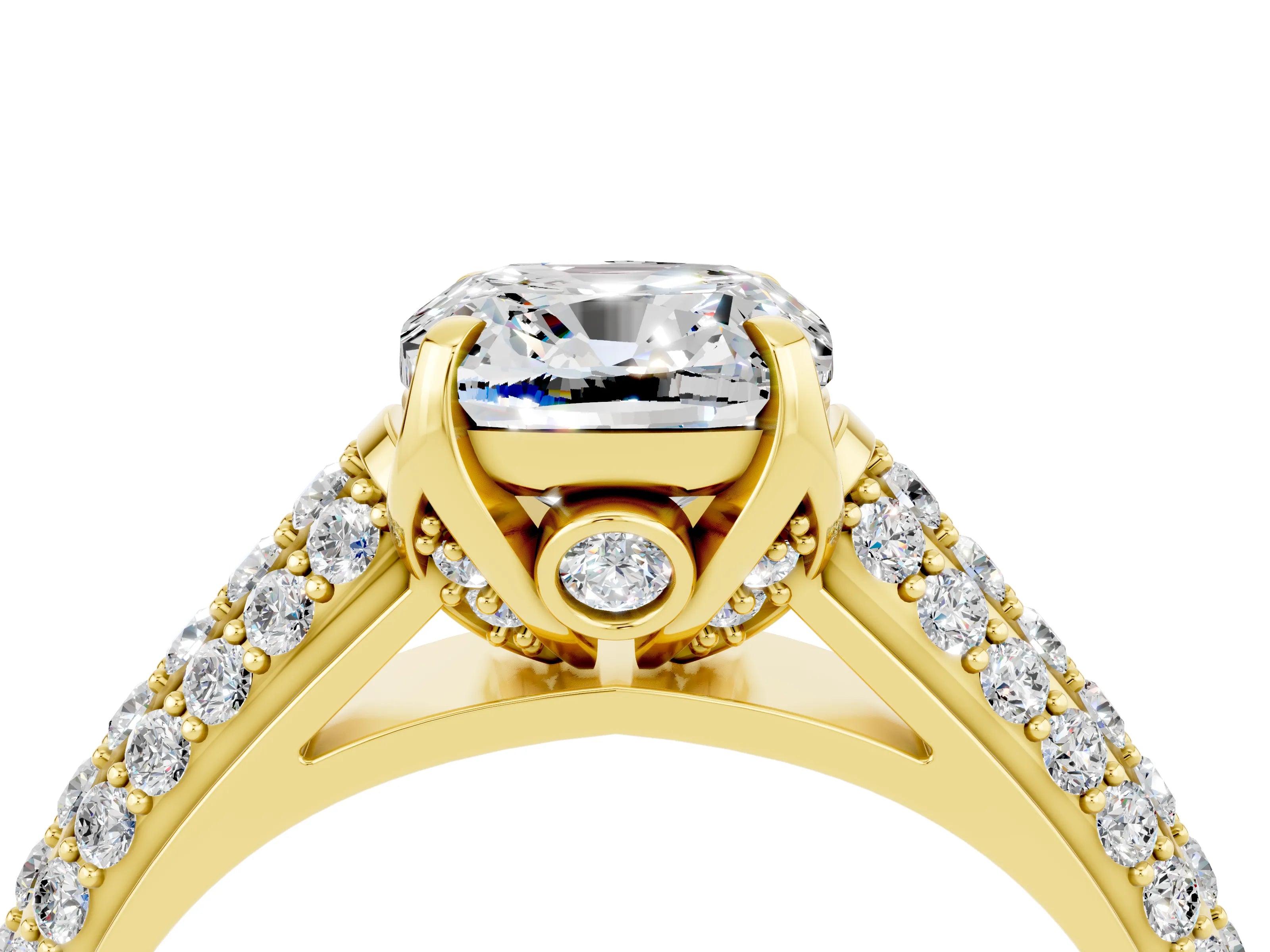 Yellow gold Cushion Cut Moissanite Solitaire Ring with Three-Row Pavé Band and Four-Prong Setting_16