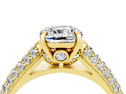 Yellow gold Cushion Cut Moissanite Solitaire Ring with Three-Row Pavé Band and Four-Prong Setting_16