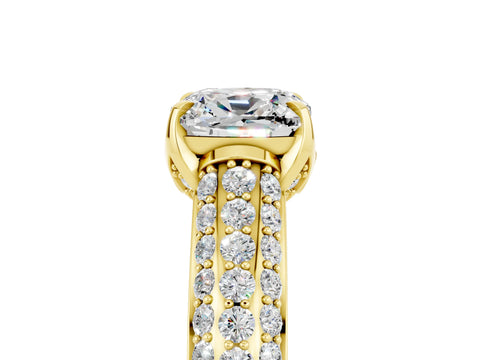 Yellow gold Cushion Cut Moissanite Solitaire Ring with Three-Row Pavé Band and Four-Prong Setting_17