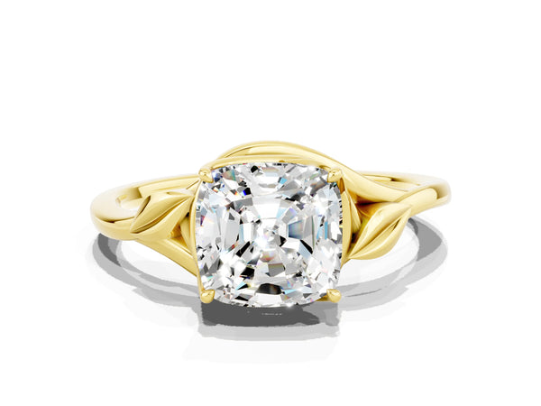 Yellow gold Cushion Cut Moissanite Solitaire Ring with Twist Band and Four-Prong Setting