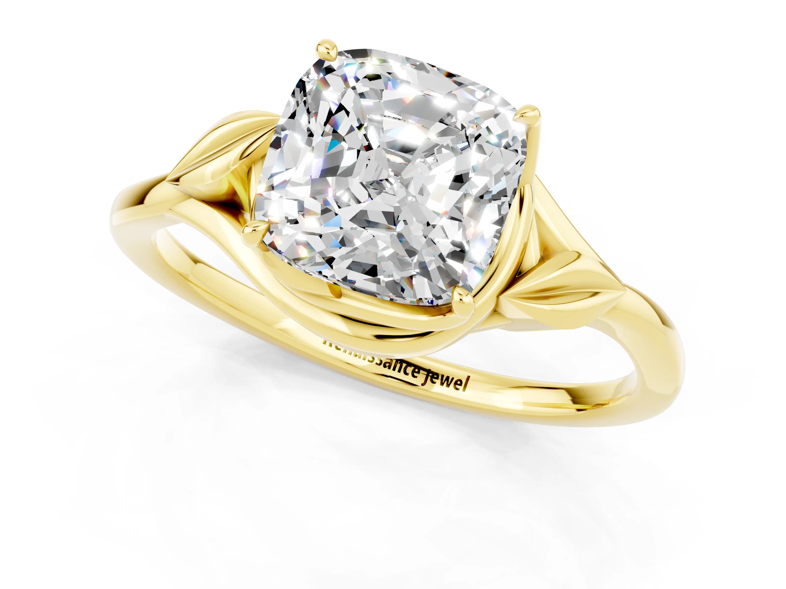 Yellow gold Cushion Cut Moissanite Solitaire Ring with Twist Band and Four-Prong Setting_25