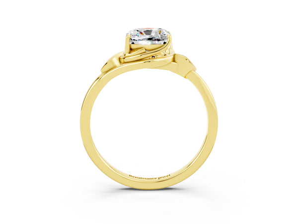 Yellow gold Cushion Cut Moissanite Solitaire Ring with Twist Band and Four-Prong Setting