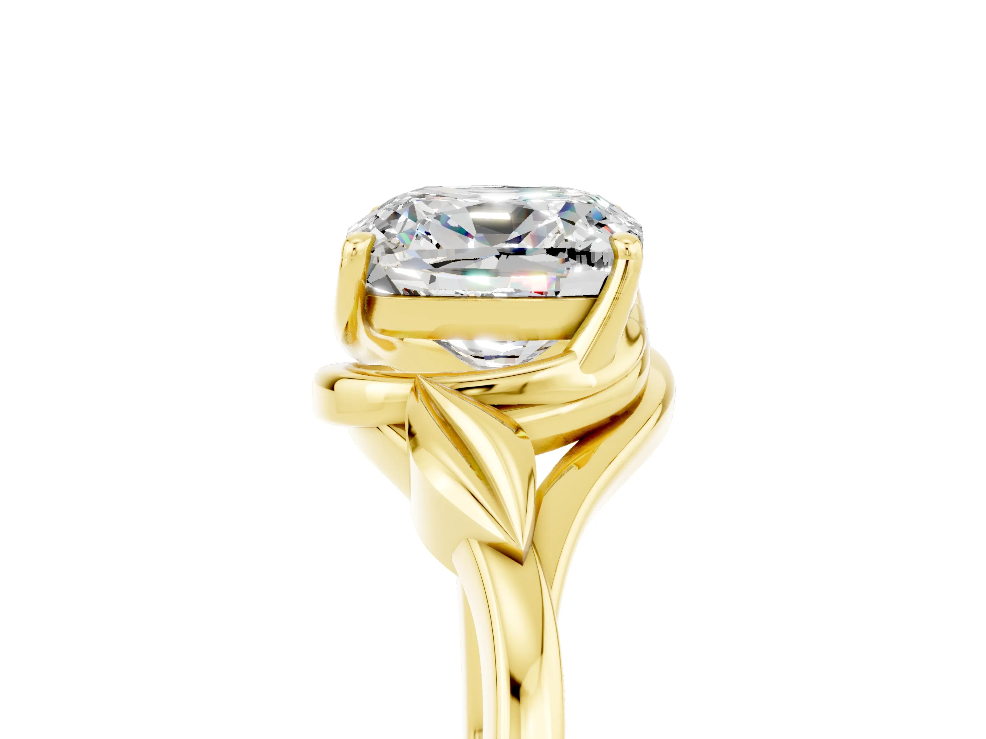 Yellow gold Cushion Cut Moissanite Solitaire Ring with Twist Band and Four-Prong Setting_29
