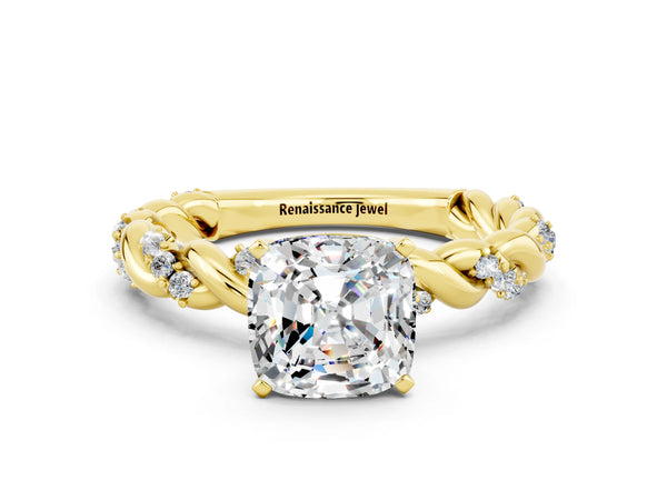 Yellow gold Cushion Cut Moissanite Solitaire Ring with Twisted Band and Pavé Accents