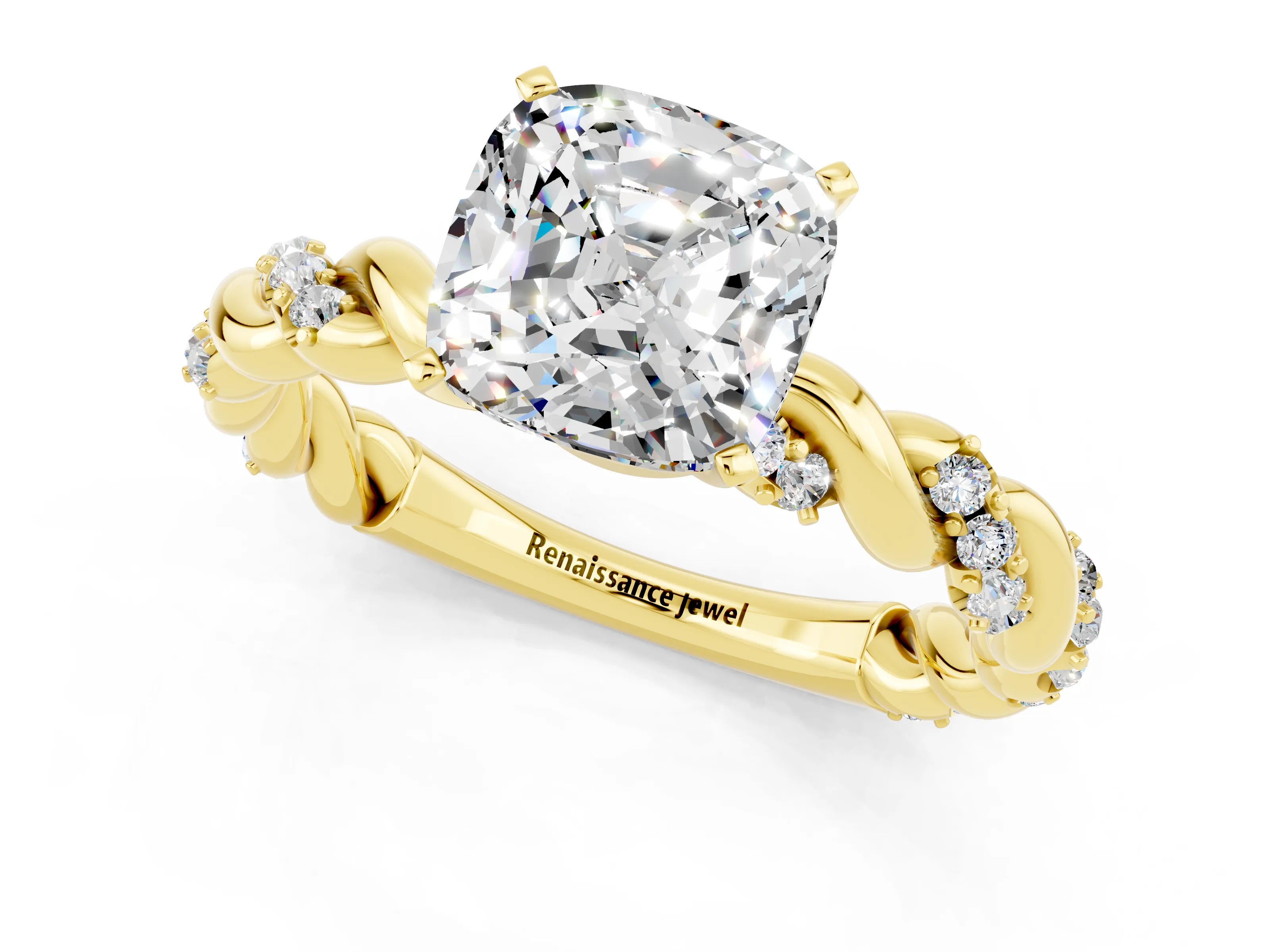 Yellow gold Cushion Cut Moissanite Solitaire Ring with Twisted Band and Pavé Accents_1