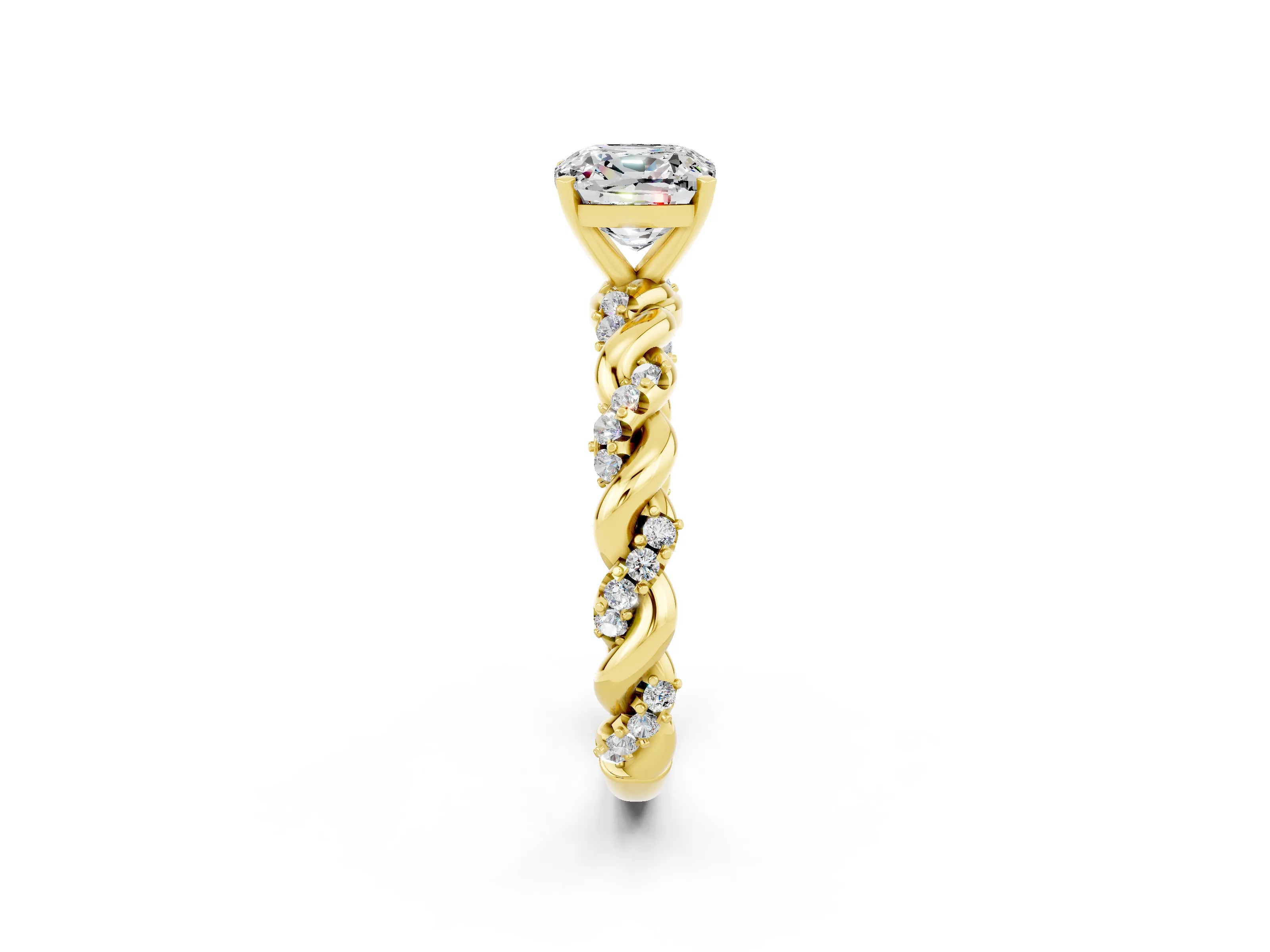 Yellow gold Cushion Cut Moissanite Solitaire Ring with Twisted Band and Pavé Accents_2