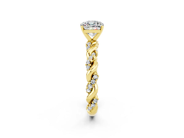 Yellow gold Cushion Cut Moissanite Solitaire Ring with Twisted Band and Pavé Accents