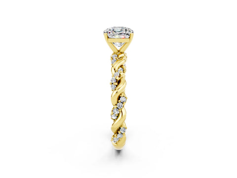 Yellow gold Cushion Cut Moissanite Solitaire Ring with Twisted Band and Pavé Accents_2