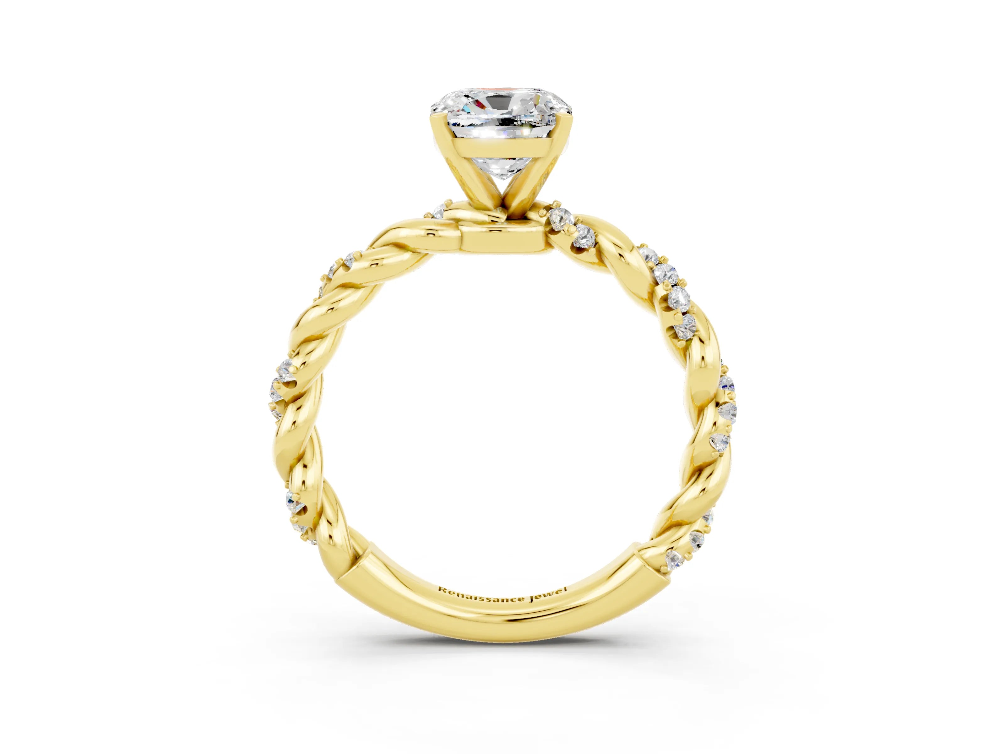 Yellow gold Cushion Cut Moissanite Solitaire Ring with Twisted Band and Pavé Accents_3