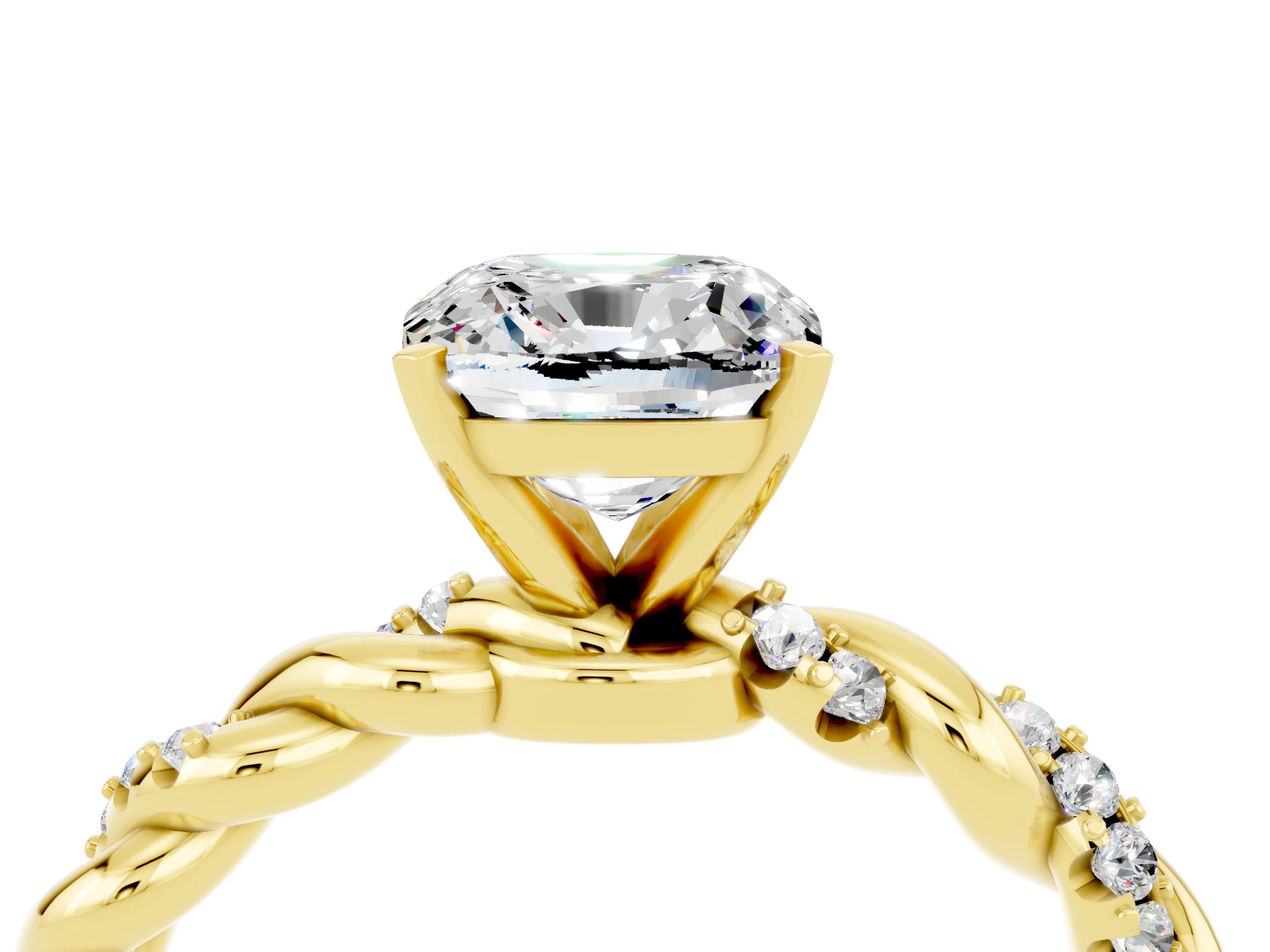 Yellow gold Cushion Cut Moissanite Solitaire Ring with Twisted Band and Pavé Accents_4