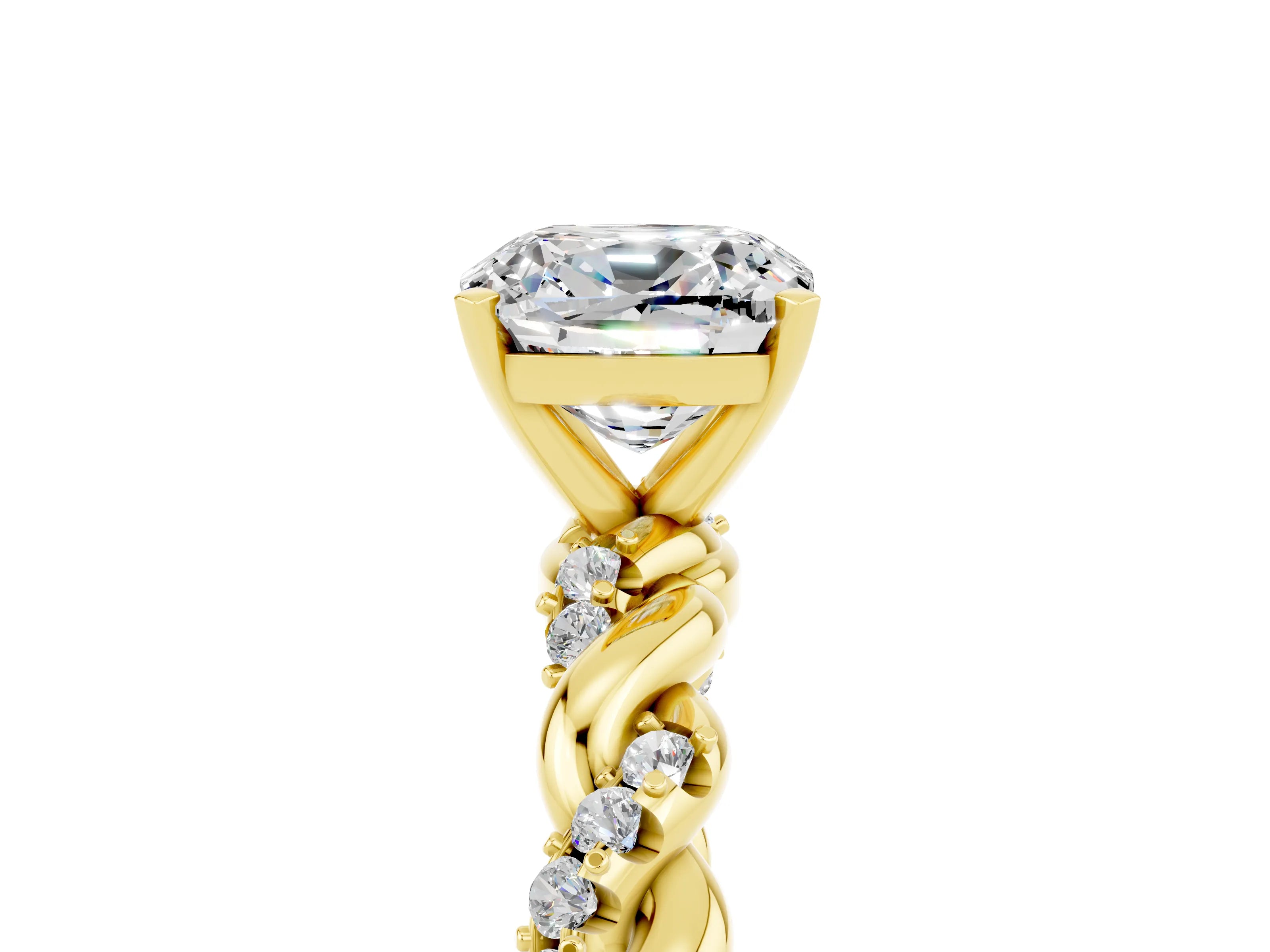 Yellow gold Cushion Cut Moissanite Solitaire Ring with Twisted Band and Pavé Accents_5