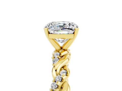 Yellow gold Cushion Cut Moissanite Solitaire Ring with Twisted Band and Pavé Accents_5
