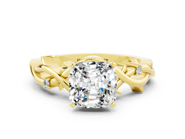 Yellow gold Cushion Cut Moissanite Solitaire Ring with Twisted Band and Prong Setting
