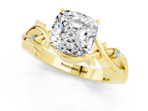 Yellow gold Cushion Cut Moissanite Solitaire Ring with Twisted Band and Prong Setting_1