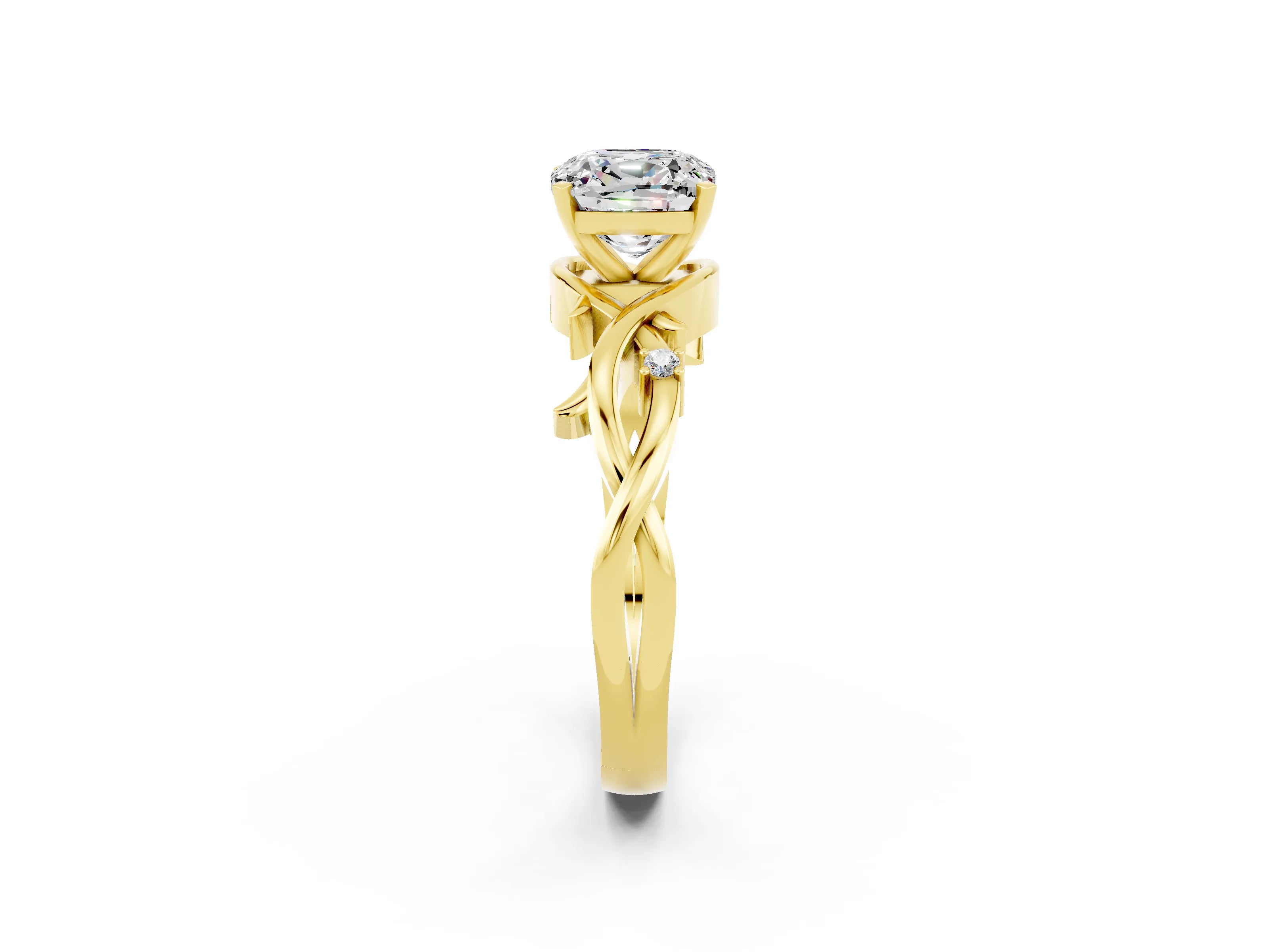 Yellow gold Cushion Cut Moissanite Solitaire Ring with Twisted Band and Prong Setting_2